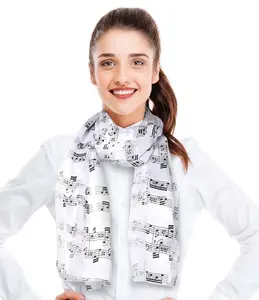 CBC Crown Small Music Notes Print Silk Feeling Music Scarf - White
