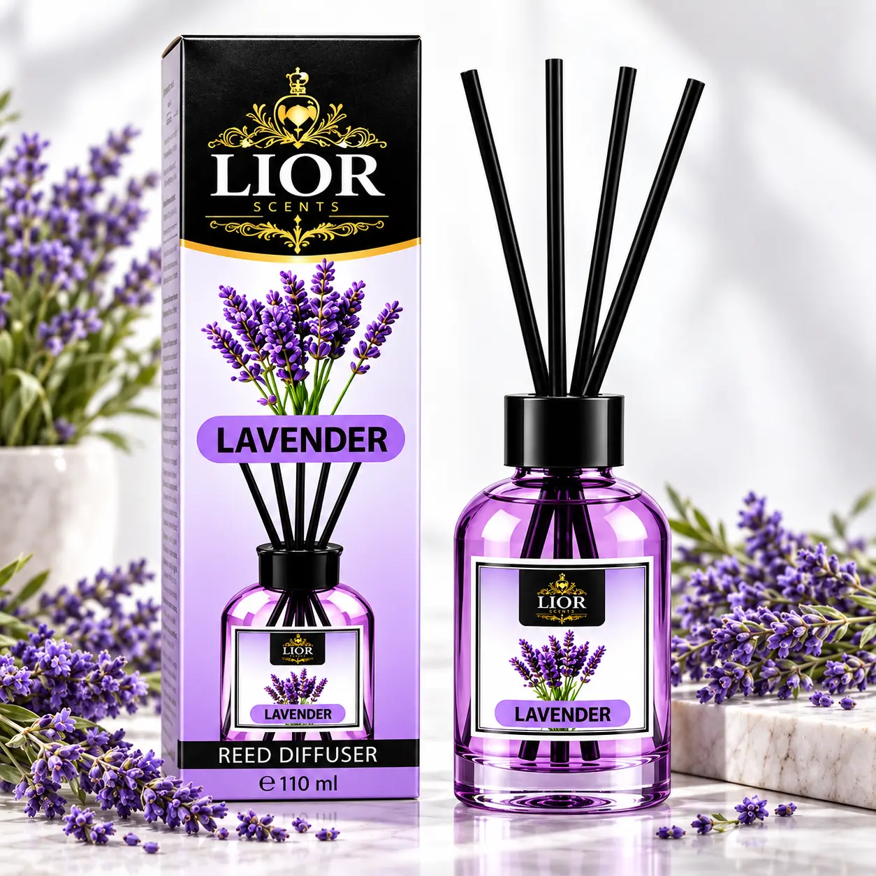 Lior Scents 110ml (3.72 fl oz) Scented Reed Diffuser Set - Aroma Bottle with Reed Sticks, Calming Freshener for Bedroom, Living Room, Home Decor & Gift