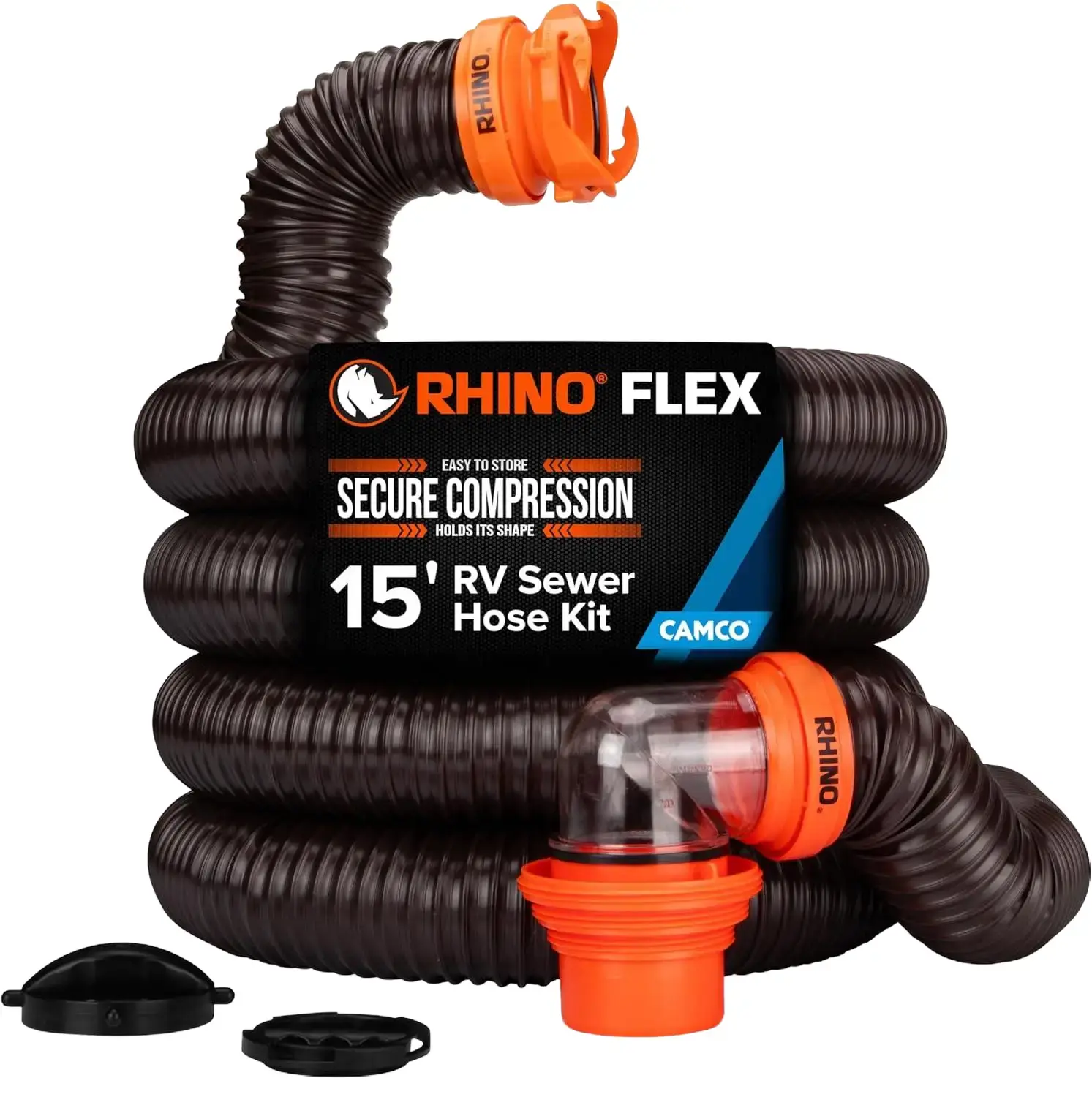Camco RhinoFLEX 15-ft Heavy-Duty Flexible RV Sewer Hose Kit with Clear Elbow, 4-in-1 Adapter for RV Plumbing Dump System