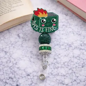 "This Is Fine" Dumpster Fire Badge Reel - Beaded Emerald Rhinestone Style for Nurses Healthcare Workers Teachers & Office Professionals