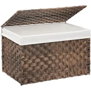 Wicker Storage Basket with Lid, 52.8 Gallon (200L) Large Blanket Basket with Lid, Woven Storage Bin with Handles, Removable Liner, Metal Frame, Foldable, for Bedroom, Laundry Room, Brown