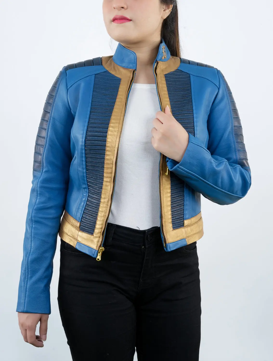 Fame Leather Jackets Men's Lucy Inspired Vault 33 Fallout Blue and Gold Leather Costume Jacket
