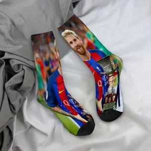 Mid-calf socks, Messi trophy design, celebrity merchandise, durable socks, unisex socks, perfect for fans, holiday gifts, birthday presents.