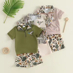 Kupretty Kids Toddler Baby Boys Summer Hunting Outfits Set Half Zip Short Sleeve Mallard Duck Print Tops Polo T Shirt Camouflage Pants 2Pcs Wild Clothes Set