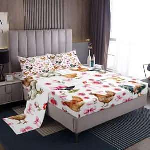 Rustic Chicken Bed Sheet Set for Kids,Pink Bowknot Roses Flowers Princess Style Sheets Set,Farmhouse Animal Rooster Floral Sheet Set,with Deep Pocket,Top Flat Sheet