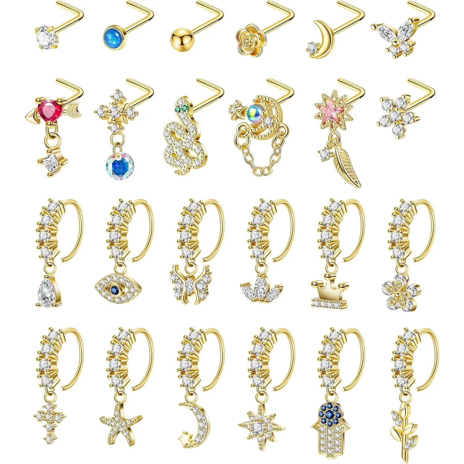 24 count 20G Dangle Nose Ring for Women L Shaped Dangling Nose Hoop Stud  CZ 316L Stainless Steel Butterfly Heart Moon Indian Charm Nose Ring Nostril