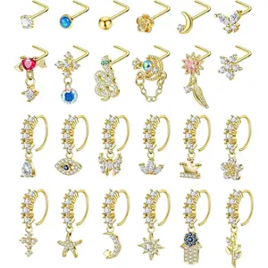 24 count 20G Dangle Nose Ring for Women L Shaped Dangling Nose Hoop Stud  CZ 316L Stainless Steel Butterfly Heart Moon Indian Charm Nose Ring Nostril