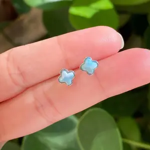 VeraVitta Clover Stud Earrings in Sterling Silver with Natural Larimar, Push Back Post - 6mm