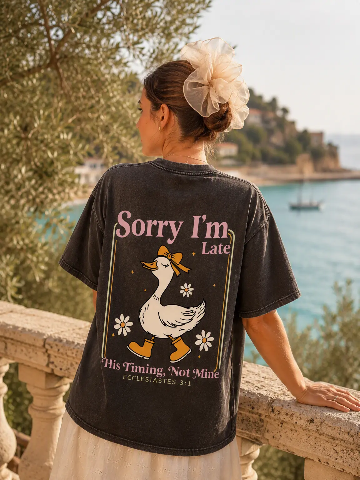 Women's Vintage Sorry I'm Late His Timing Graphic Tee - Heavyweight, Boxy, Oversized, Breathable, Casual Short-Sleeve Duck Goose Daisy Faith Christian Shirt for Everyday Wear