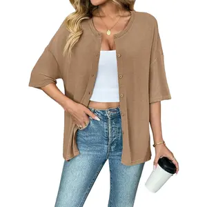 Oversized Cardigan Casual Short Sleeve Button Down Tops Lightweight Crew Neck Knit Summer Outfits
