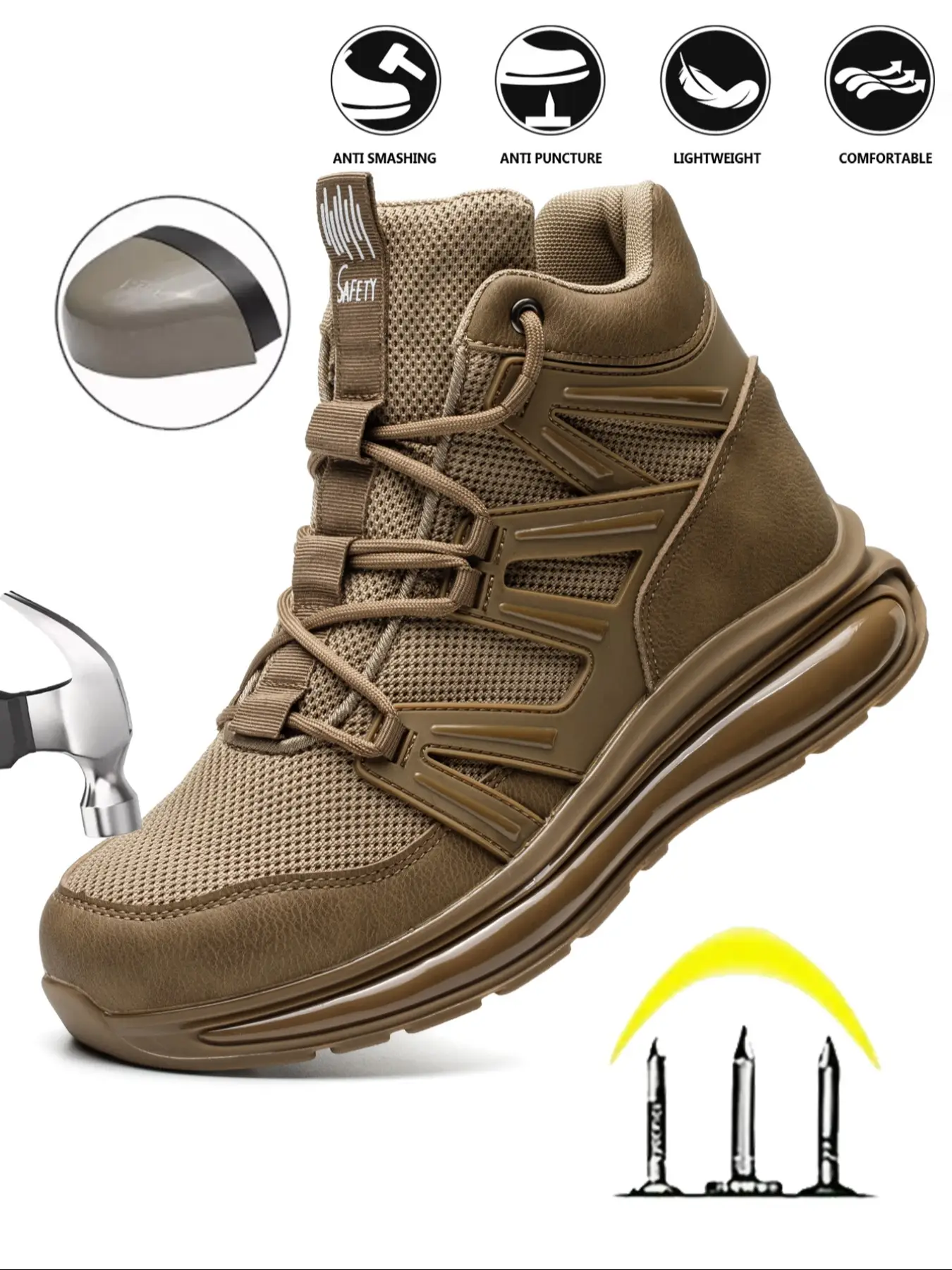 Men's Letter Pattern Steel Toe Slip Resistant Puncture Proof Construction Safety Work Shoes As Gift, Lightweight Breathable Anti-slip Work Shoes