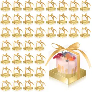 50 Pcs Clear Individual Cupcake Boxes, 3.5 Inch Plastic Single Cupcake Containers with Inserts and Ribbon, Cake Storage Holders for Kitchen (Gold)