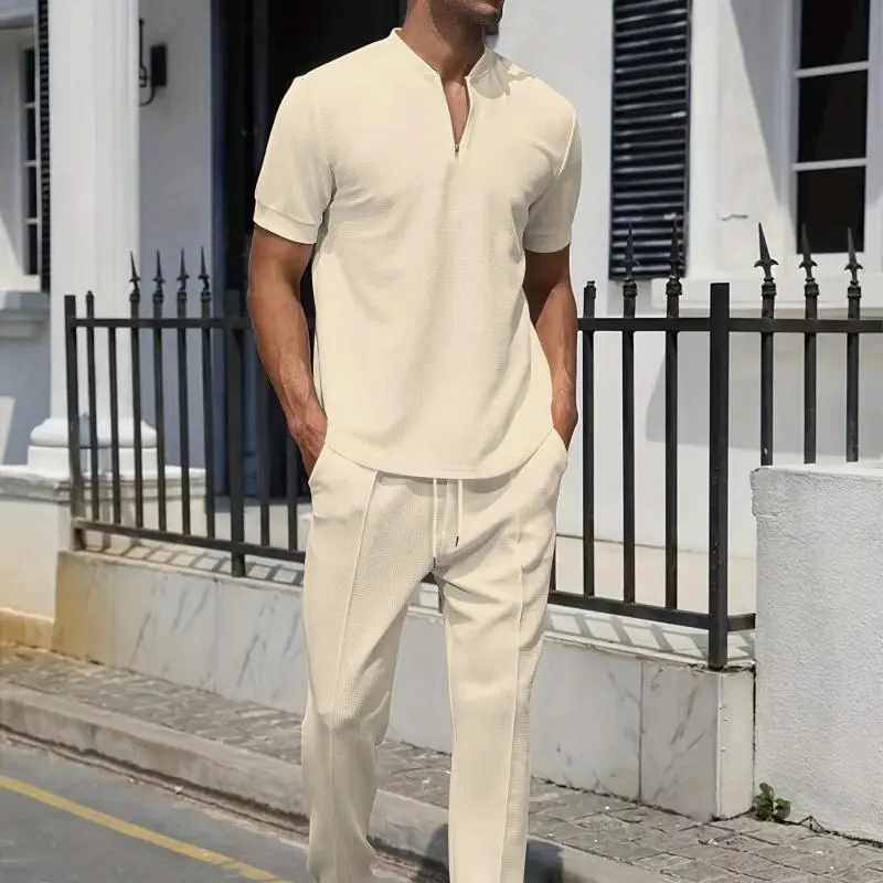 2025 Summer Youth Waffle Stand Collar Solid Color Zipper Short Sleeve Trousers Suit Linen Pants Outfitsycccc