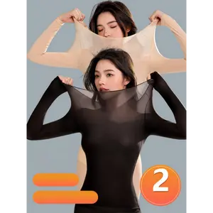 2pcs Romantic Spring Women's Ultra-Thin Invisible Thermal Underwear, Polyamide 83.9% Elastane 16.1%, Solid Color Knit Fabric, Lightweight Pullover Tops with No Padding Black Womenswear