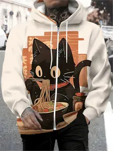 Men's Zip-Up Hoodie - Men's Zip-Up Casual Pullover Hoodie - Digital Print Pattern, Cute Black Cat Eating Noodles, Autumn/Winter Wear, Machine Washable, Suitable for Travel and Daily Wear - Loose Fit, Suitable for Daily Wear, Comfortable and Stylish