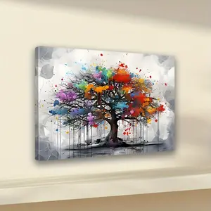 1pc Vibrant Abstract Tree of Life Canvas Wall Art with Wood Frame - Colorful Ink Splatter Painting for Living Room, Bedroom, Office Decor - Unique Holiday Gift, Modern Home & Office Artwork, Tree Decor, Classic Styled Artwork