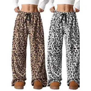 Women's plush pajamas, pants with drawstring, elastic waist circumference, wide legs, Teddy Pj bottom pants, casual pants, soft satin pajamas, pajamas, cotton fabric