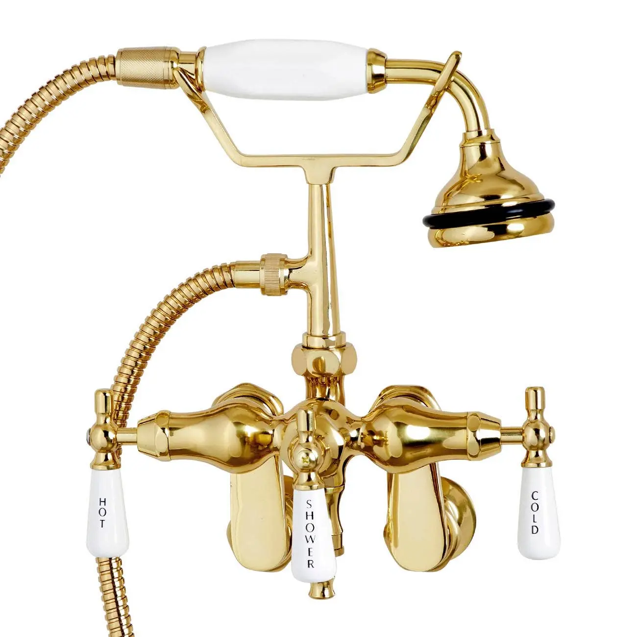 Polished Brass Bathroom Wall-Mount Clawfoot Bathtub Faucet Set with Double Handle, Classic Ball, and Handheld Shower Down Spout, Double Handle Faucet