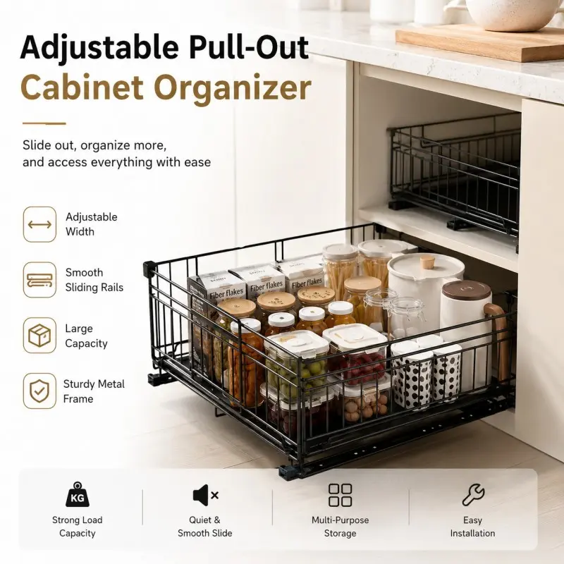 1 Adjustable Metal Pull-Out Cabinet Organizer - Screwless Sliding Drawer with Easy-to-Install Peel Adhesive, Ideal for Kitchen Pantry Storage and Organization | Modern Kitchen Organizer | Stylish Metal Finish in Black and White (DM088)