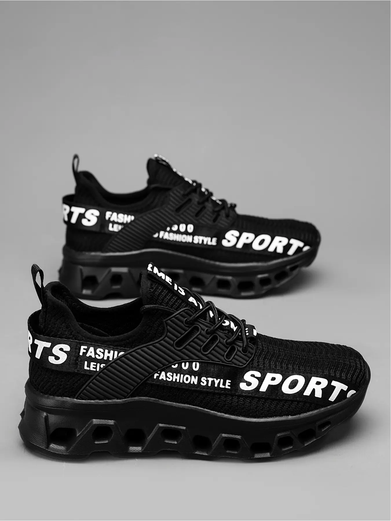 Men's All-Black Plus Size SPORT Logo Flyknit Hollow-Out Sneakers, Cool Sport Style, Flyknit Material + Hollow-Out Cushion Sole + Letter Decoration + Non-Slip Sole, All-Black Versatile, Plus Size Compatible , Ideal for Daily Outfits & Sports Outings