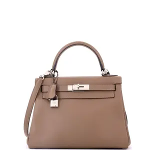 Pre-owned HERMÈS Leather Top Handle Bags Hermes Kelly Handbag Beige De Weimar Evercolor with Palladium Hardware 28 by Rebag