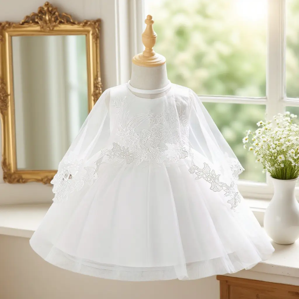 3066 Girl Formal Dress Dress Set (Skirt + Shawl) Elegant White Dress for Girl Baptism Birthday Party