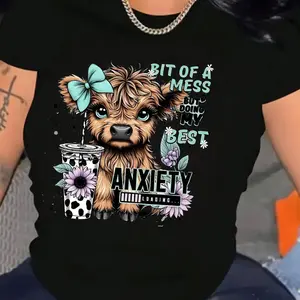 Women's Highland Cattle Graphic T-Shirt - Stylish Crew Neck Casual Short Sleeve Top, , 180g, Anxiety-Themed Design with Cow Print, Perfect for Spring/Summer, Casual Wear | Crew Neck Shirt | Glossy Fabric