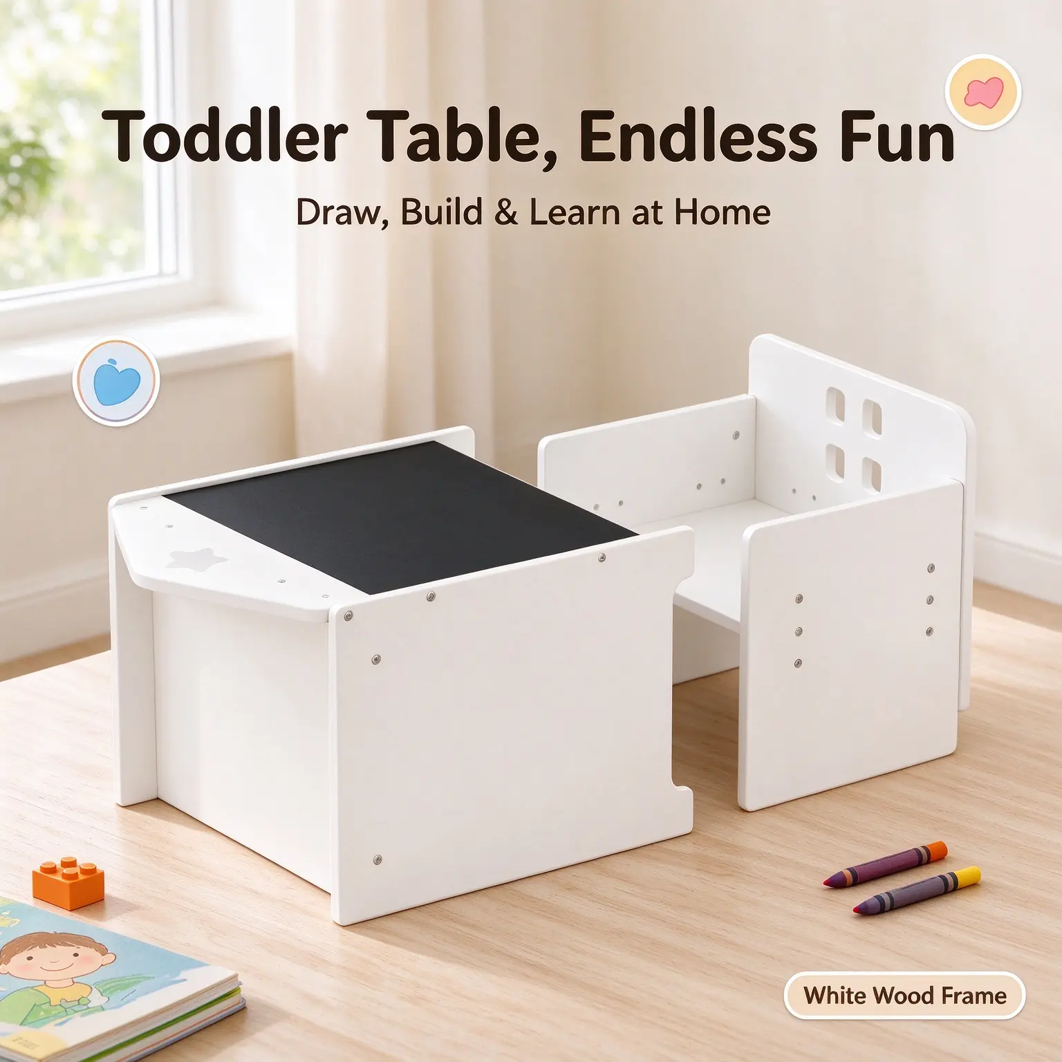 Montessori Weaning Table and Chair Set, Wooden Activity Table with Blackboard, 3 Heights Adjustable Furniture, for Eating, Drawing & Reading