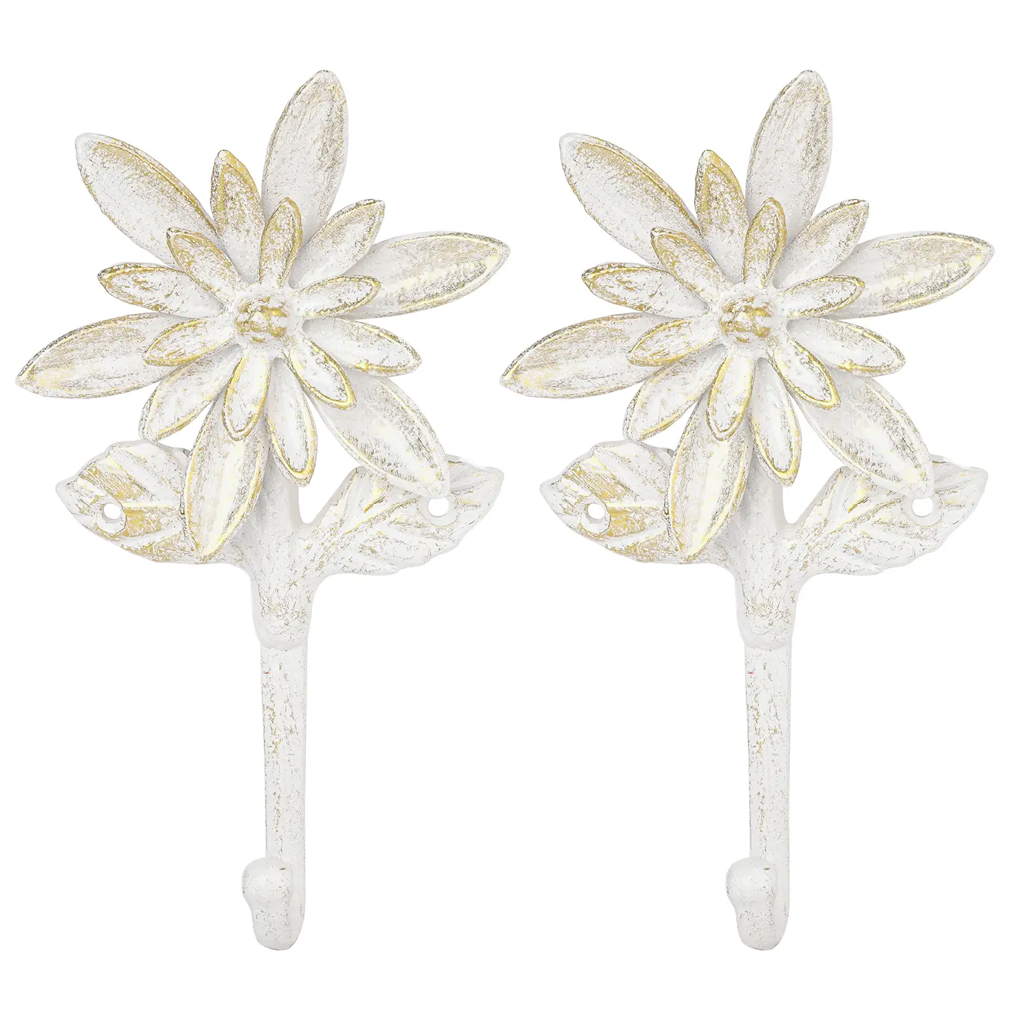 Sungmor Vintage Flower Cast Iron Hooks - Antique Finish, Heavy-Duty, White/Green Wall Hanging Organizers for Coats, Hats, Keys - Entryway Use, Two Piece Set