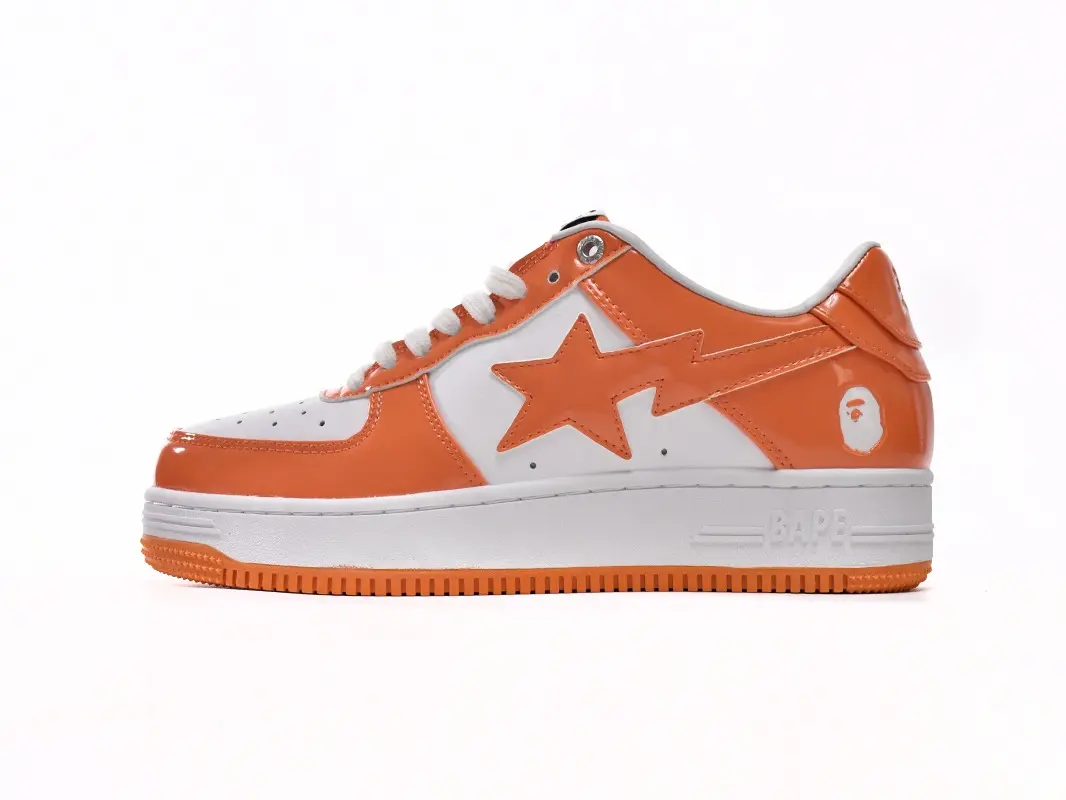 Two Tone Orange White Gloss Patent Leather Low Top Platform Skate Sneakers, Matching Orange Stitched Lightning Star Graphic White Inner Lining Orange Edge Rubber Outsole Unisex Y2K Street Daily Walking Trainers