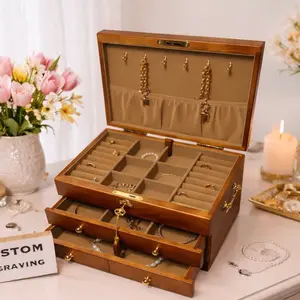 Custom engraved wooden jewelry box personalized engraved wooden jewelry organizer box with gang lock & key. Luxury wood jewelry box