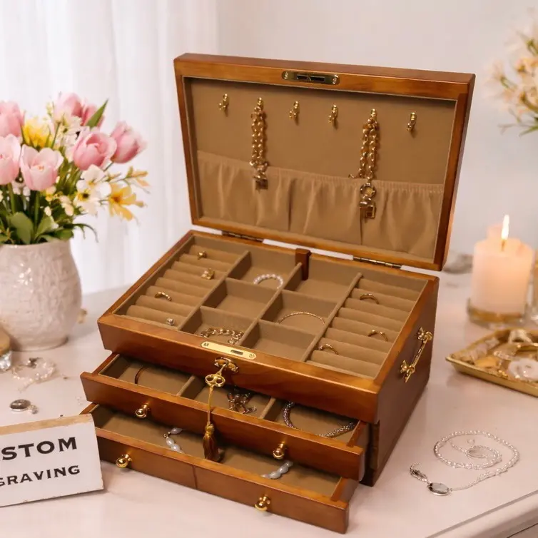 Custom engraved wooden jewelry box personalized engraved wooden jewelry organizer box with gang lock & key. Luxury wood jewelry box