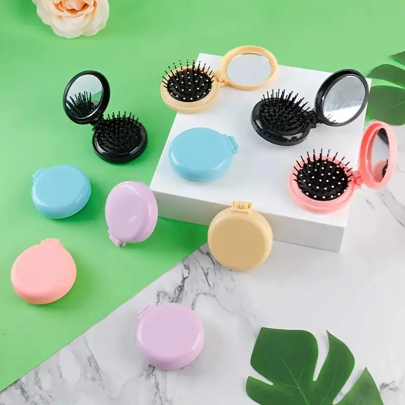 10pcs Mini Hair Brushes with Foldable Mirrors, Portable Round Combs for Travel, Stylish and Compact Hair Care Essentials for Men, Women & Kids, Hair Brush Set, Grooming Brush