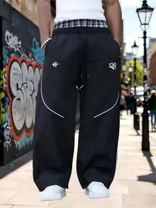 2026 New Streetwear Cargo Pants for Men, Plaid Patched Waistband, Side Reflective Strips, Loose Straight Fit Casual Pants