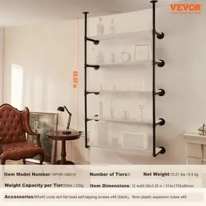 VEVOR Industrial Pipe Shelf, 5 Tier 2PCS, 9.84in Applicable Board Width Wall-Mount Floating Rustic Wood Shelves Bracket Bookshelf, Storage Holder for Kitchen Bedroom Bathroom, (Planks NOT Included)