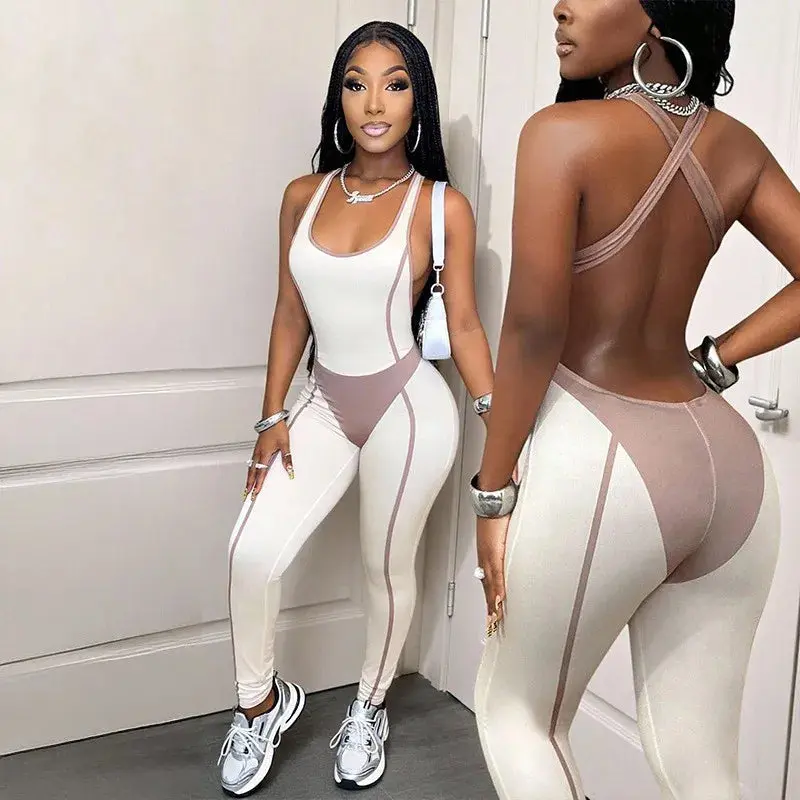 For Woman Jumpsuit Backless Halter Neck Women's Jump Suit Skinny Jumpsuits Cross Back Straps Romper High Waist Long Romper