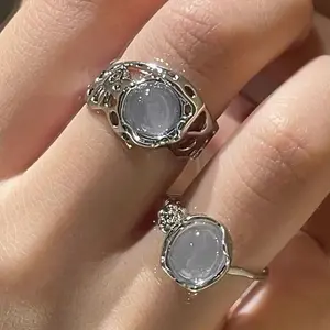 2Pcs Trendy Crystal Cat Eye Stone Alloy Vintage Opening Adjustable Ring Set for Women