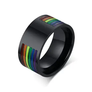 Enamel Rainbow Ring for Men - Simple Stainless Steel 10mm Wedding Band