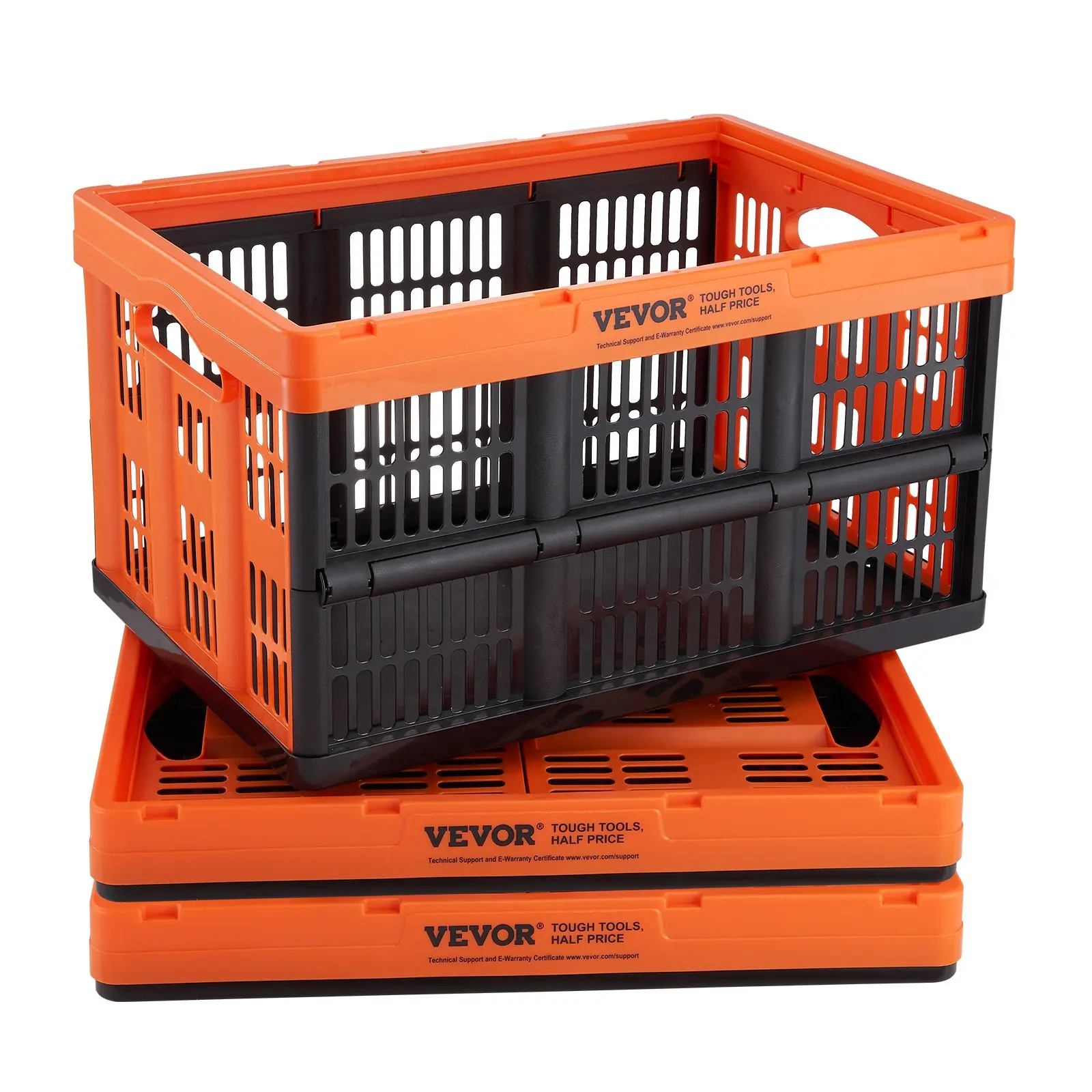 VEVOR 3-Pack 45L Plastic Collapsible Storage Containers, Folding Stackable 4kg Heavy-Duty Baskets with Handles for Clothes, Toys, Bulk Shopping