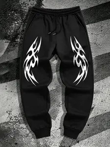 Dark Tribal Totem Print Baggy Pants, Loose-Fit Breathable Men's Streetwear, American High-Street Style Cuffed Long Pants