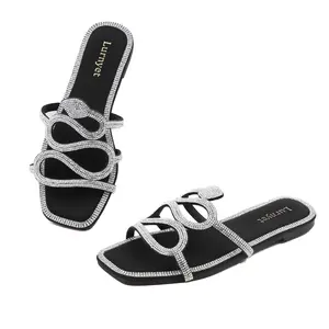 Women's Fancy Flat Slide Sandals Sparkly Glitter Rhinestone Square Open Toe Girl Fashion Comfortable Breathable Slip-on Footwear Summer Casual Dress Shoes for Party Wedding Vacation