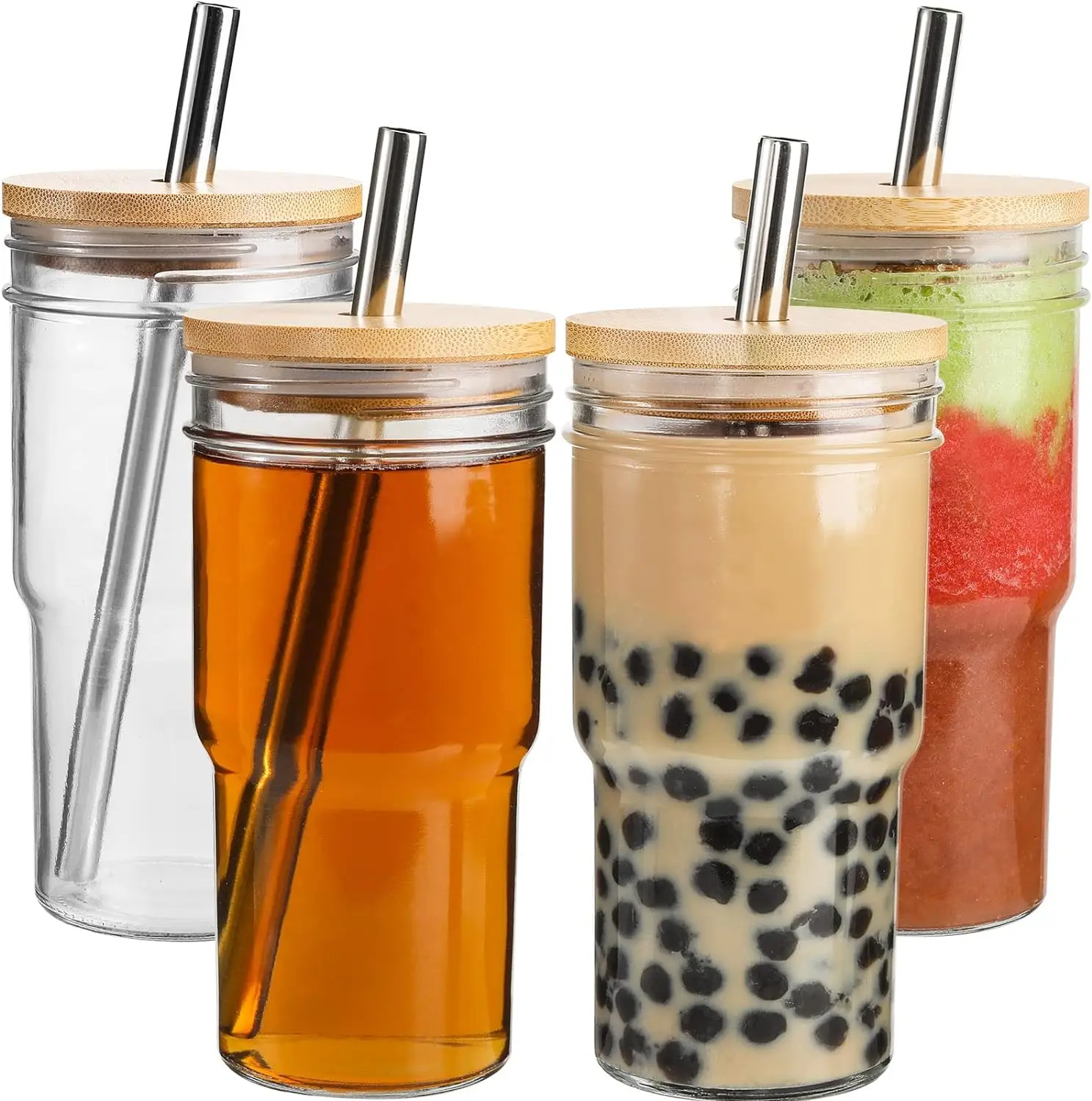 4 Pack Glass Glasses Tumbler Cups with Bamboo Lids and Straws, 22oz Wide Mouth Boba Tea Cup-Reusable Mason Jars Drinking for Juicing, Bubble Tea, smoo