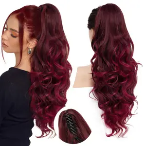 24''Long Wavy Ponytail Extension, Burgundy Ombre Claw Clip Hair Piece, Long Curly Wavy Wine Red Ponytail Hair Extension Jaw Clip on Pony Tails Hairpiece fo