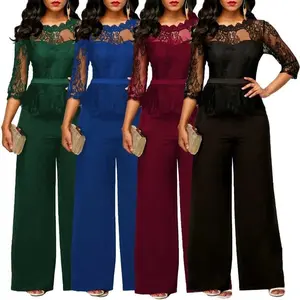 Elegant and sexy jumpsuit women's long sleeved lace patch jumpsuit loose pants wide leg pants Roman pants holiday black workwear women's wide leg pants
