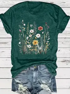 Women's Floral Print Round Neck Casual Fashion Short Sleeve T-Shirt, Fitted Summer Casual Fashionable Top, Trendy Ladies' Clothing, Chic Boho Casual Fit