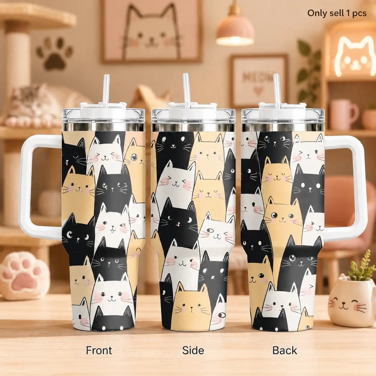GuLuBoo Cat Emoji Party Vacuum Flasks 40oz Stainless Steel Insulated Tumbler, Leak proof Travel Mug with Straw, Portable Waters Bottle for Coffee, Gym & Office, Creative Drinkware Cup Ideal Cat Lover Gift
