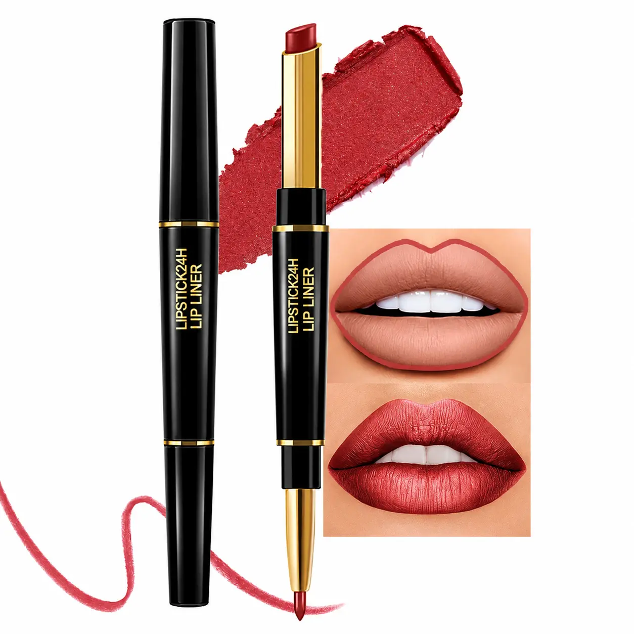 Mauve Red Metallic Lip Liner & Lipstick Set Kit for Women, Lips Kit with Lip Liner Lip Stains Long Lasting Waterproof 24 Hour Lipstick and Lip Liners Combo Lipliners Pencil Set 08