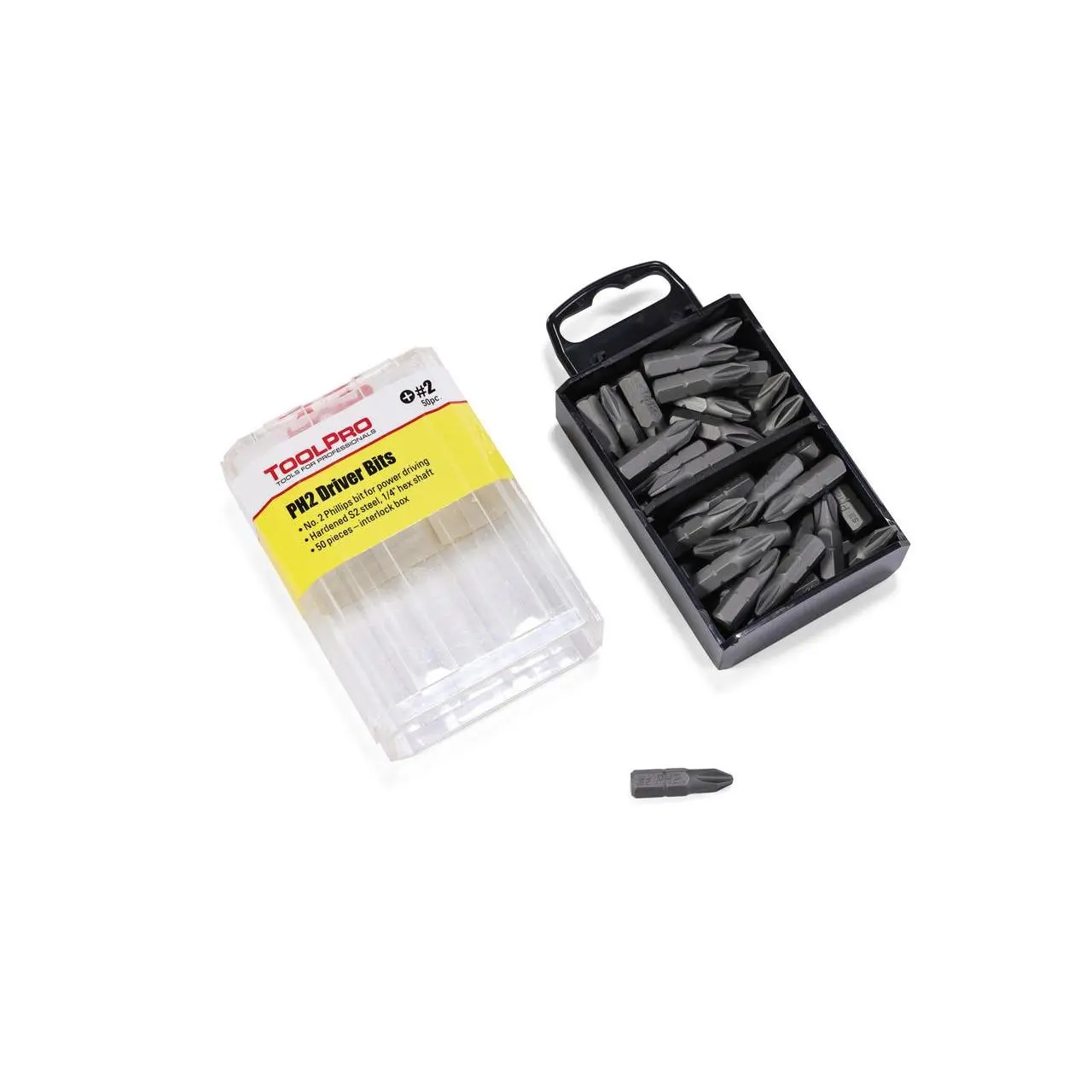 ToolPro #2 Phillips Screwdriver Bit Set - 50 Hardened S2 Steel High-Quality Bits, Interlocking Storage Box Holders for Drill Drivers, Jobsite Use