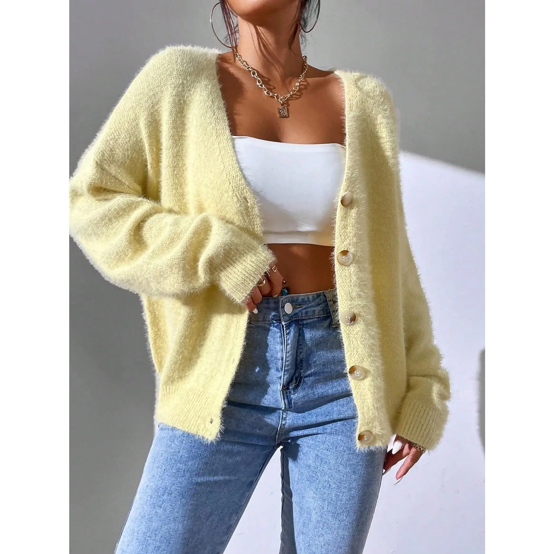 Women's Basic Fluffy Plush Knit Cardigan Tops - Soft Button-Down Long-Sleeve V-Neck Wrap, Pastel Yellow Loose Fit for Fall Winter Layering, Cozy Casual Lounge Outfits, Knitwear, Fuzzy, Sweater, Drop Shoulder, Loose Drape, Relaxed Fit, Fuzzy Plush, Fuzzy T