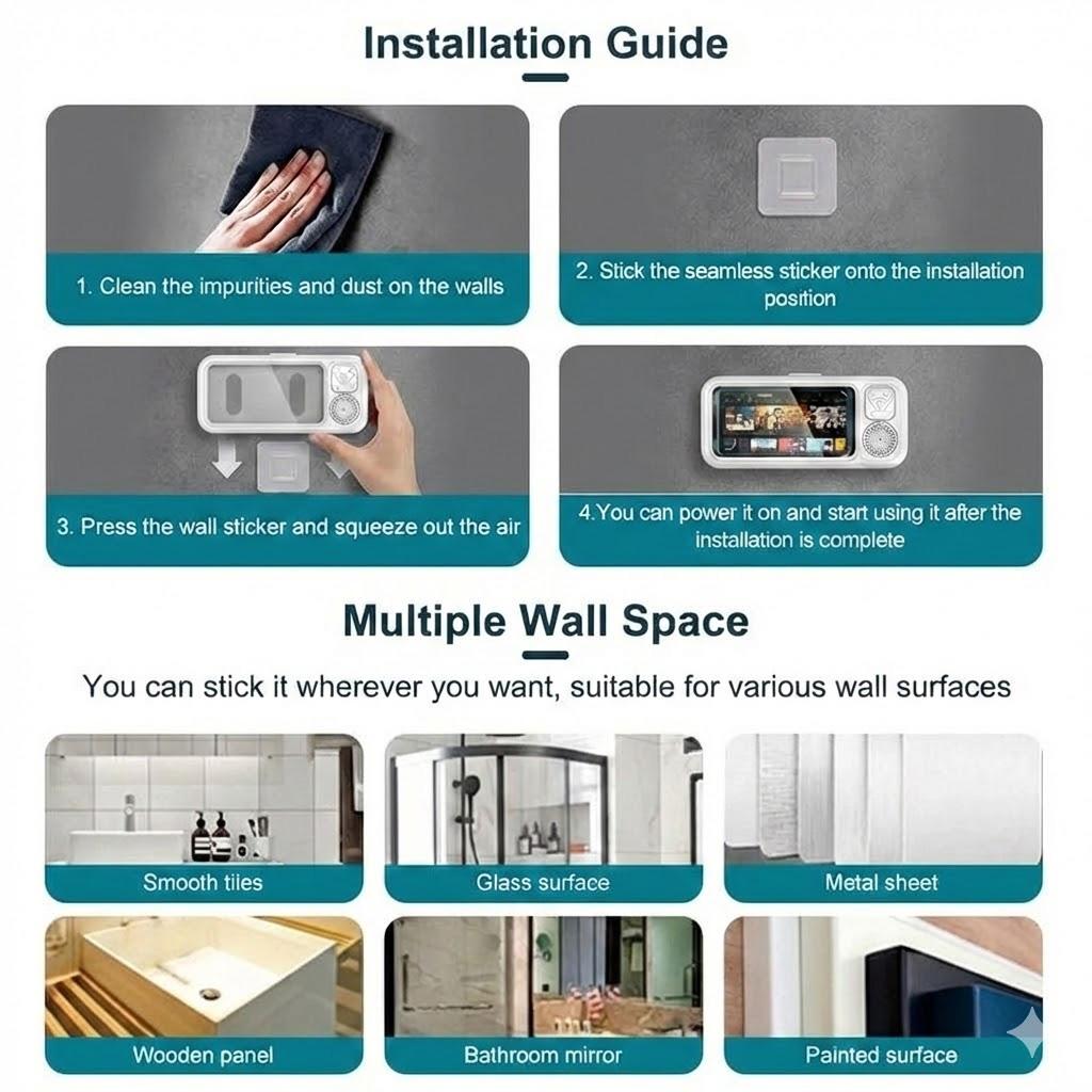 Waterproof Shower Phone Holder with Bluetooth Speaker, 360° Rotatable Wall Mount Phone Case with Touch Screen, IPX7 Waterproof Bathroom Phone Stand for Shower